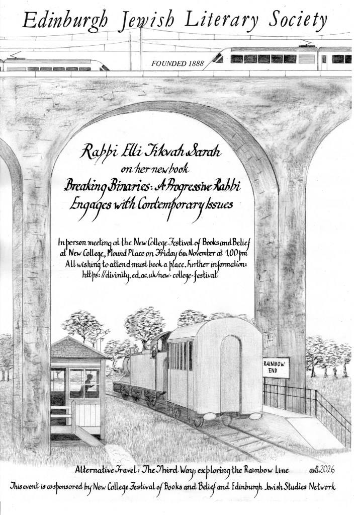 Promotional flyer for the Edinburgh Jewish Literary Society featuring details about an event with Rabbi Elli Tikvah Sarah discussing her book 'Breaking Binaries: A Progressive Rabbi Engages with Contemporary Issues'. The event is at New College, Edinburgh, on November 6th at 1:00 pm.